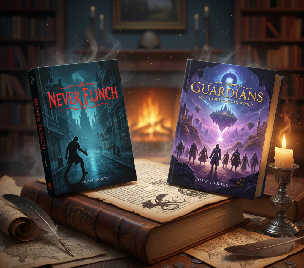 A stack of new epic fantasy books featuring Stephen King Never Flinch and Silviae Shaw series on a wooden desk with a magical glowing candle.