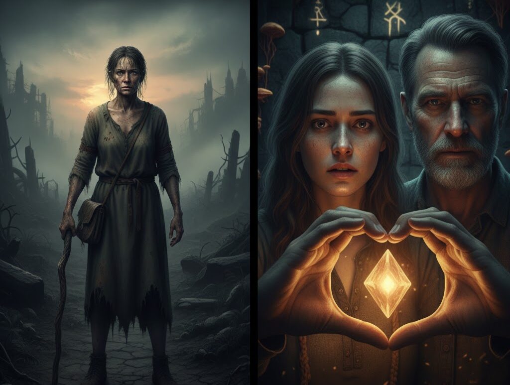 Three broken children standing together in a dark fantasy forest, symbolizing survival, kinship, and defiance against destiny in the Forbidden World.